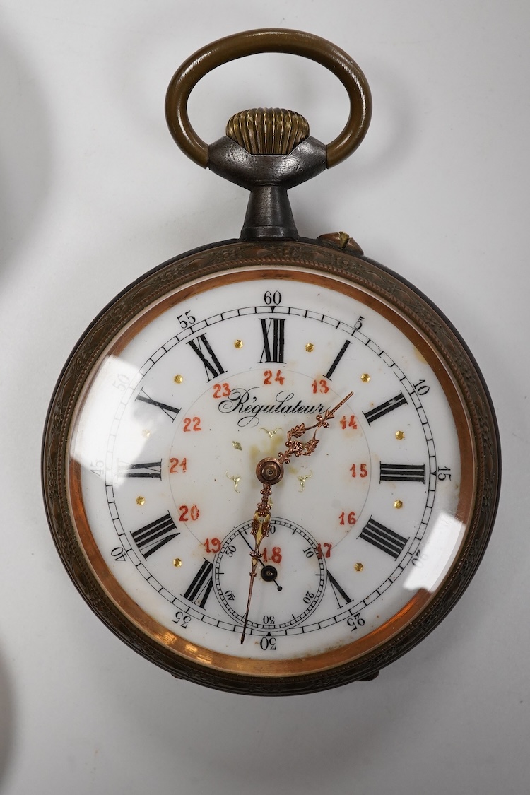 Two Waltham base metal keyless pocket watches including a dress pocket watch with Arabic dial and subsidiary seconds, together with a gold plated open faced keyless pocket watch and a base and gun metal 'Regulateur' open